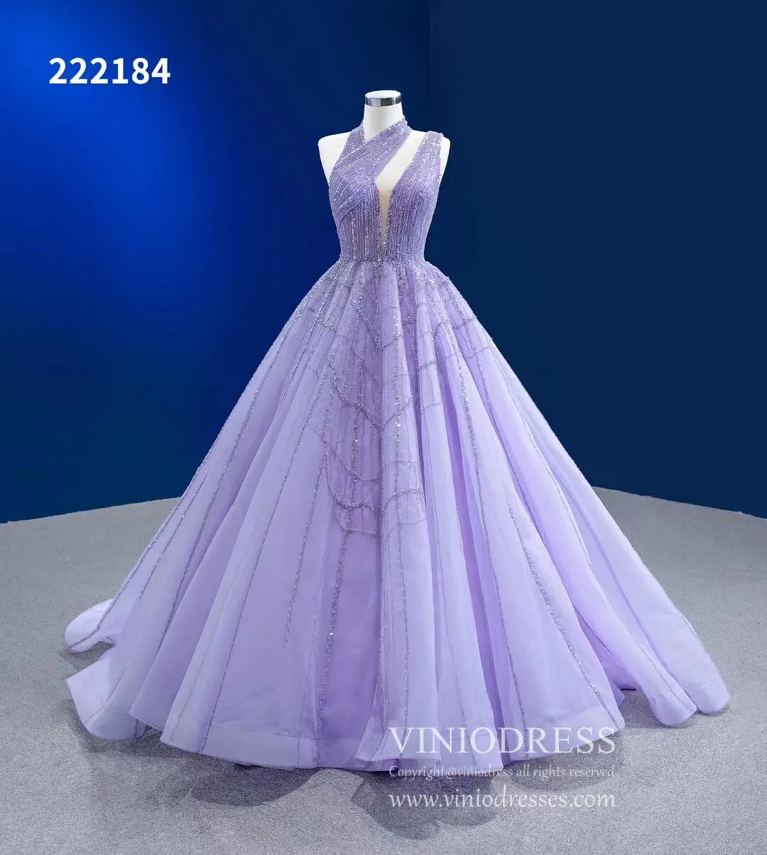 Beaded Lavender Ball Gowns Halter Tulle Wedding Dresses 222184