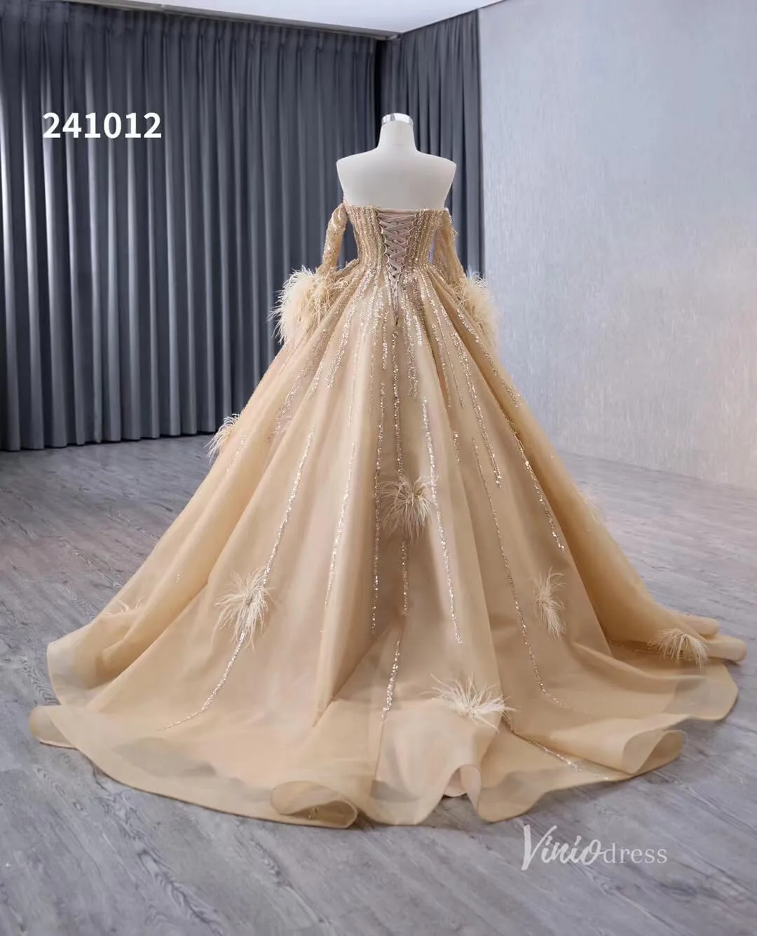 Beaded Light Gold Ball Gown Wedding Dresses with Removable Long Feather Sleeves 241012