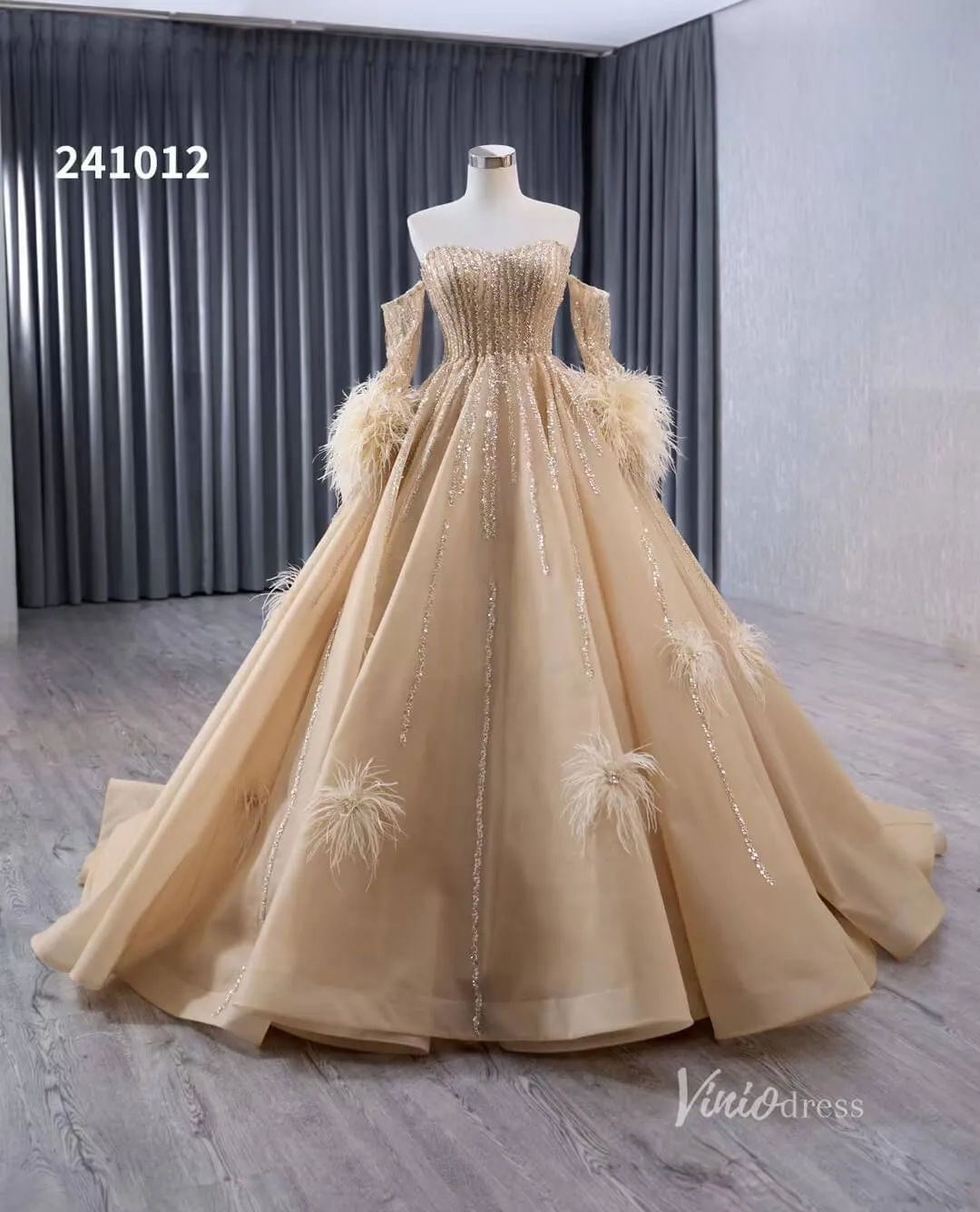 Beaded Light Gold Ball Gown Wedding Dresses with Removable Long Feather Sleeves 241012