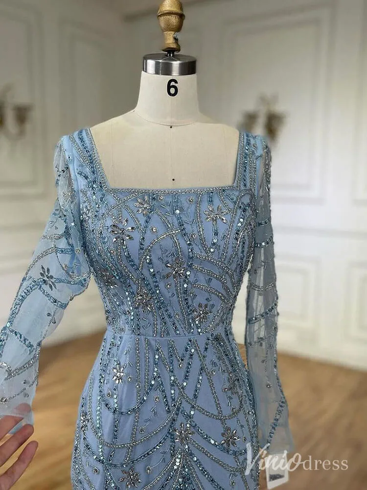 Beaded Mermaid Long Sleeve Prom Dresses Square Neck Pageant Dress AD1248