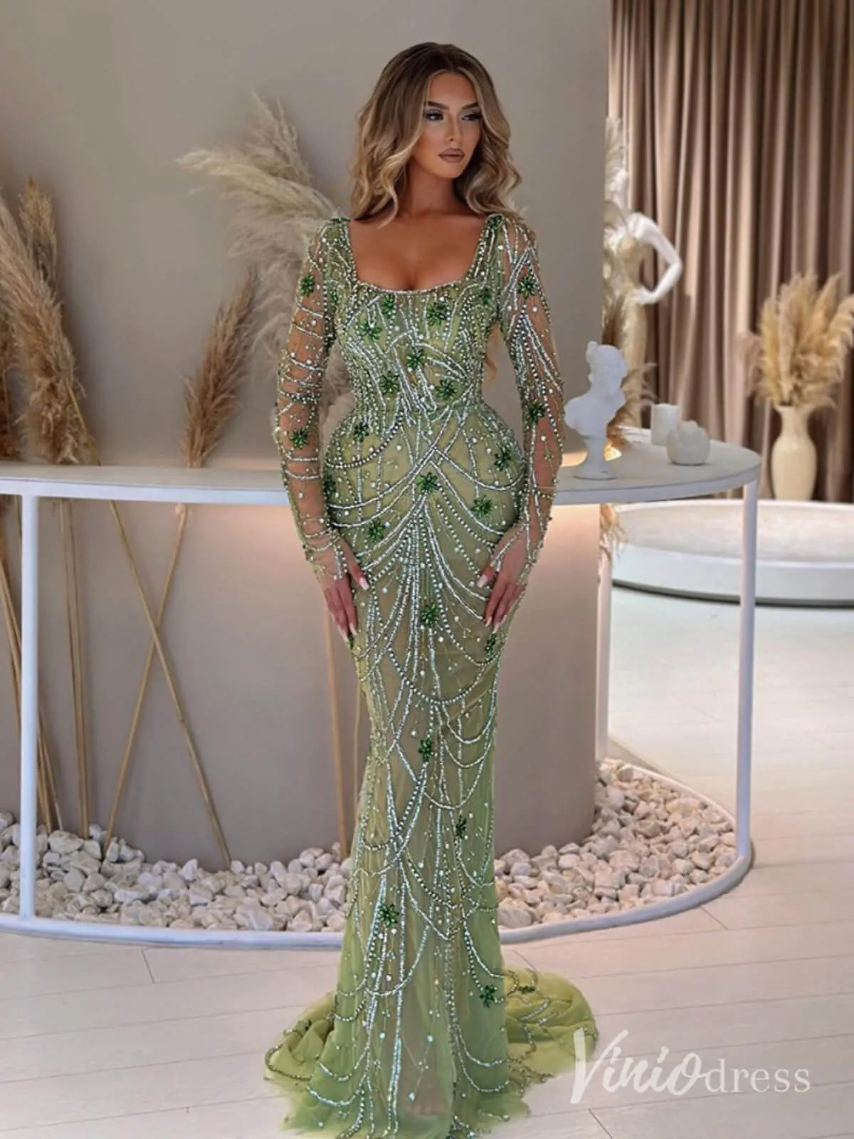 Beaded Mermaid Long Sleeve Prom Dresses Square Neck Pageant Dress AD1248