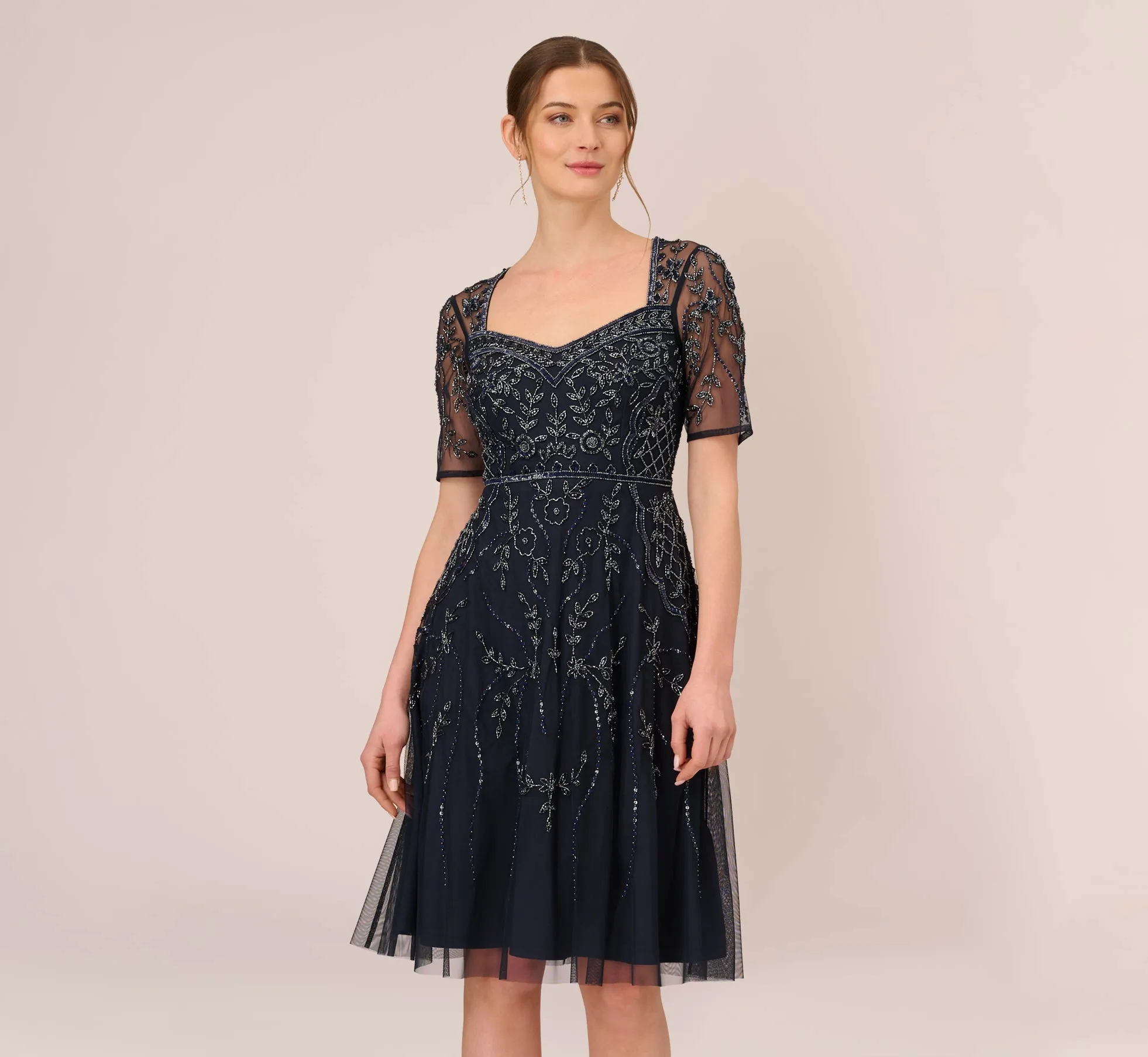 Beaded Midi Dress With Sheer Short Sleeves In Midnight