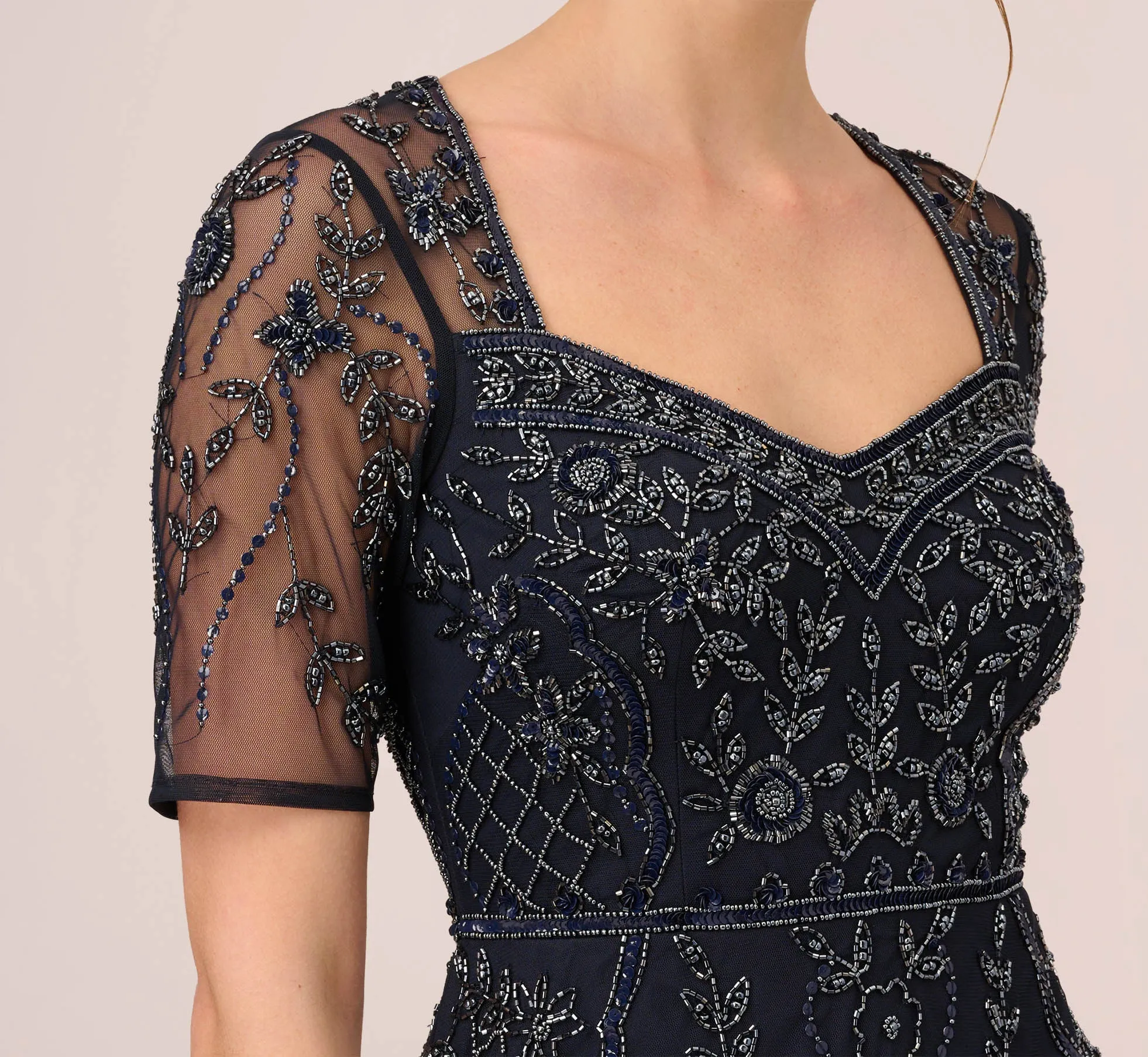 Beaded Midi Dress With Sheer Short Sleeves In Midnight