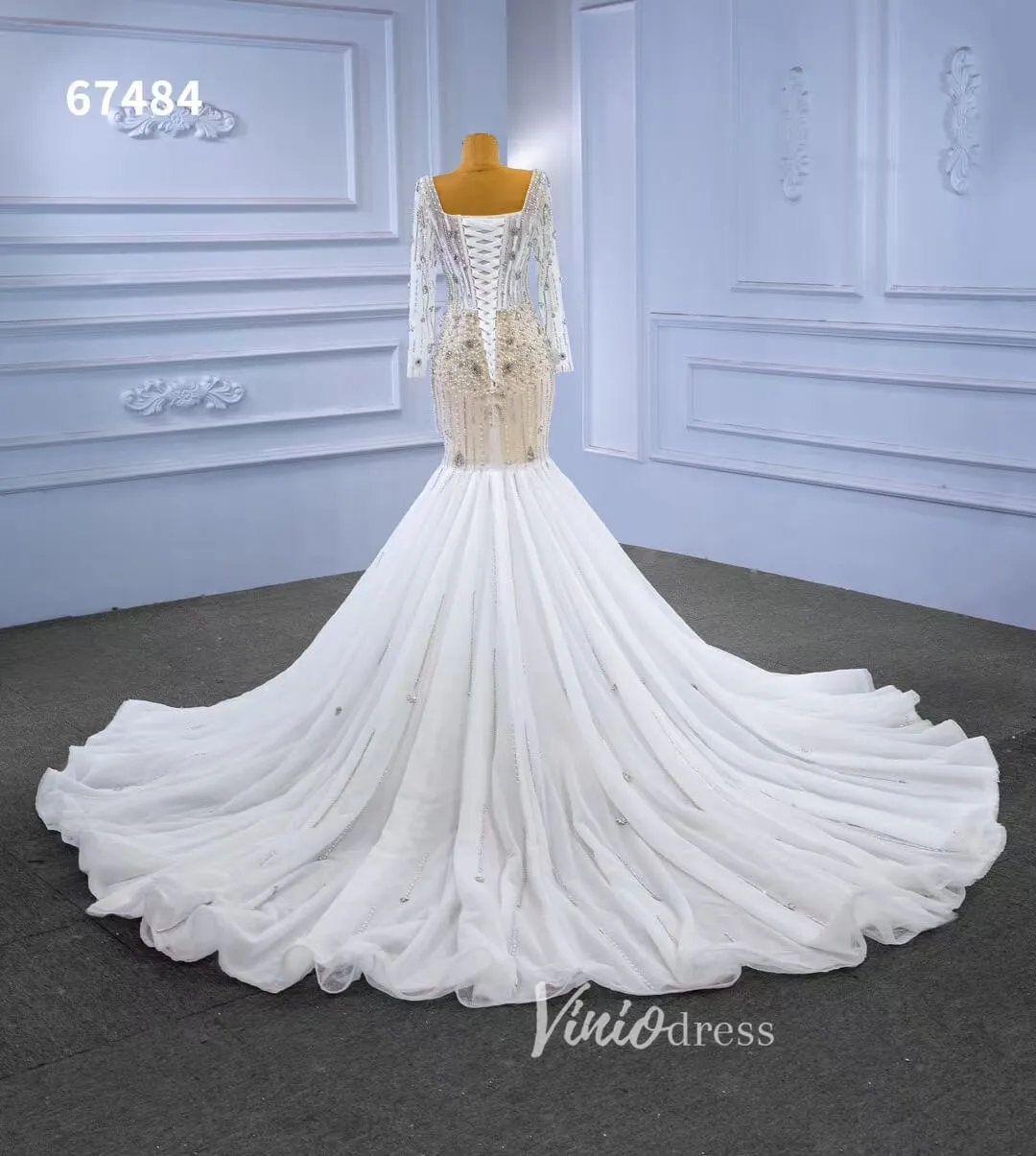 Beaded Square Neck Mermaid Wedding Dresses with Long Sleeves 67484