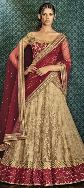 Beige and Maroon Net Lehenga