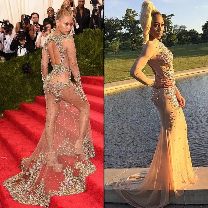 Beyonce Inspired Celebrity See Through Sexy Rhinestone Long Sleeve Prom Dresses, BG0220