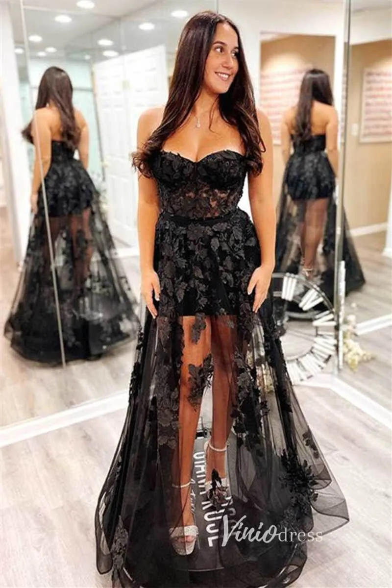 Black 3D Floral Prom Dresses 2024 Strapless White Wedding Dress FD3272