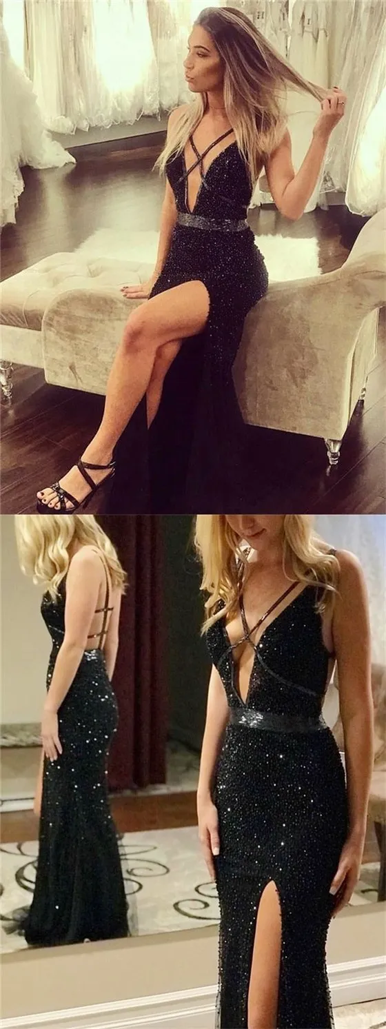 Black Beaded Prom Dresses, Side Slit Prom Dresses, Long Prom Dresses, Cheap Prom Dresses, BG0400