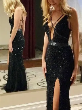 Black Beaded Prom Dresses, Side Slit Prom Dresses, Long Prom Dresses, Cheap Prom Dresses, BG0400