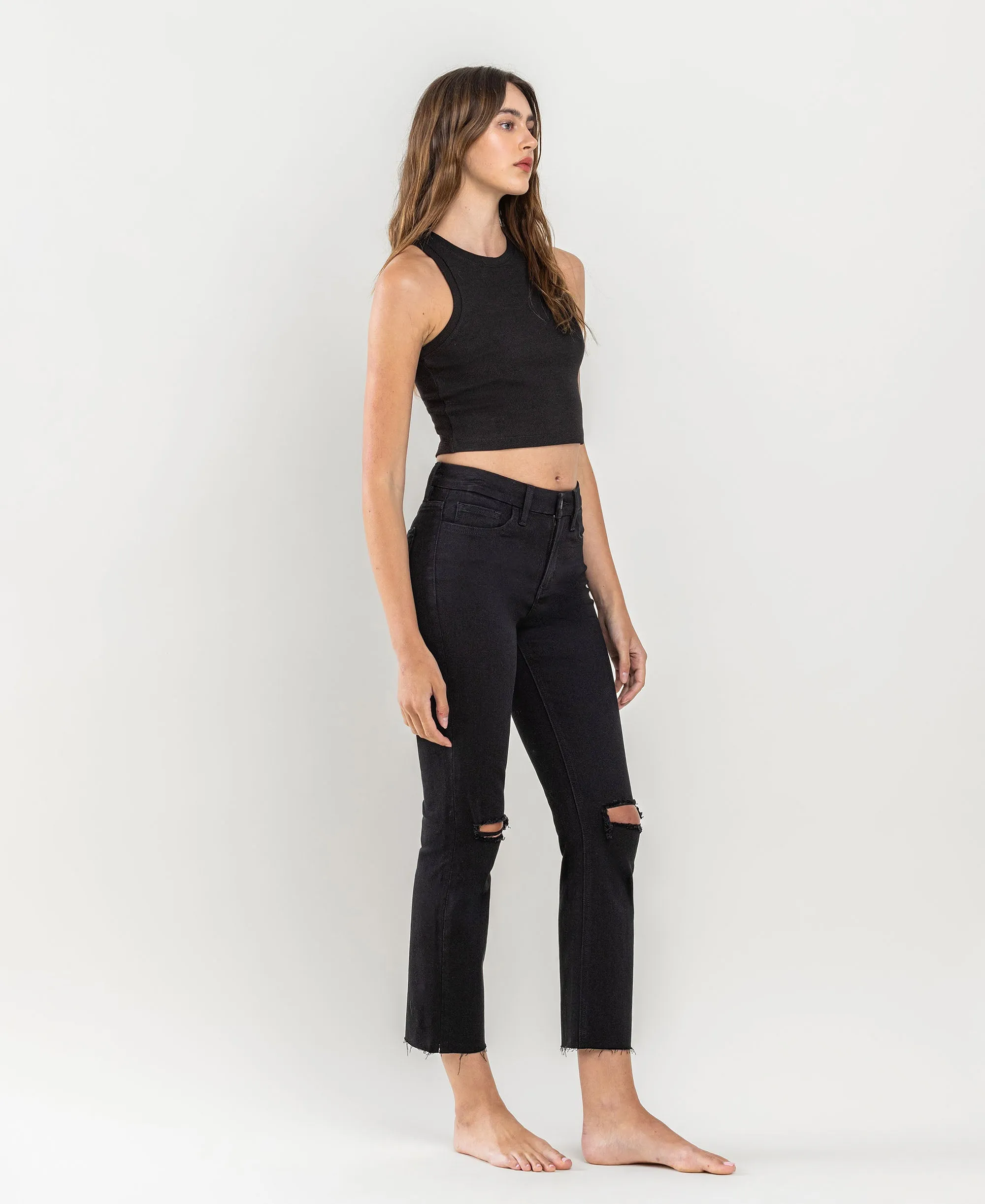 Black - High Rise Raw Hem Straight Jeans