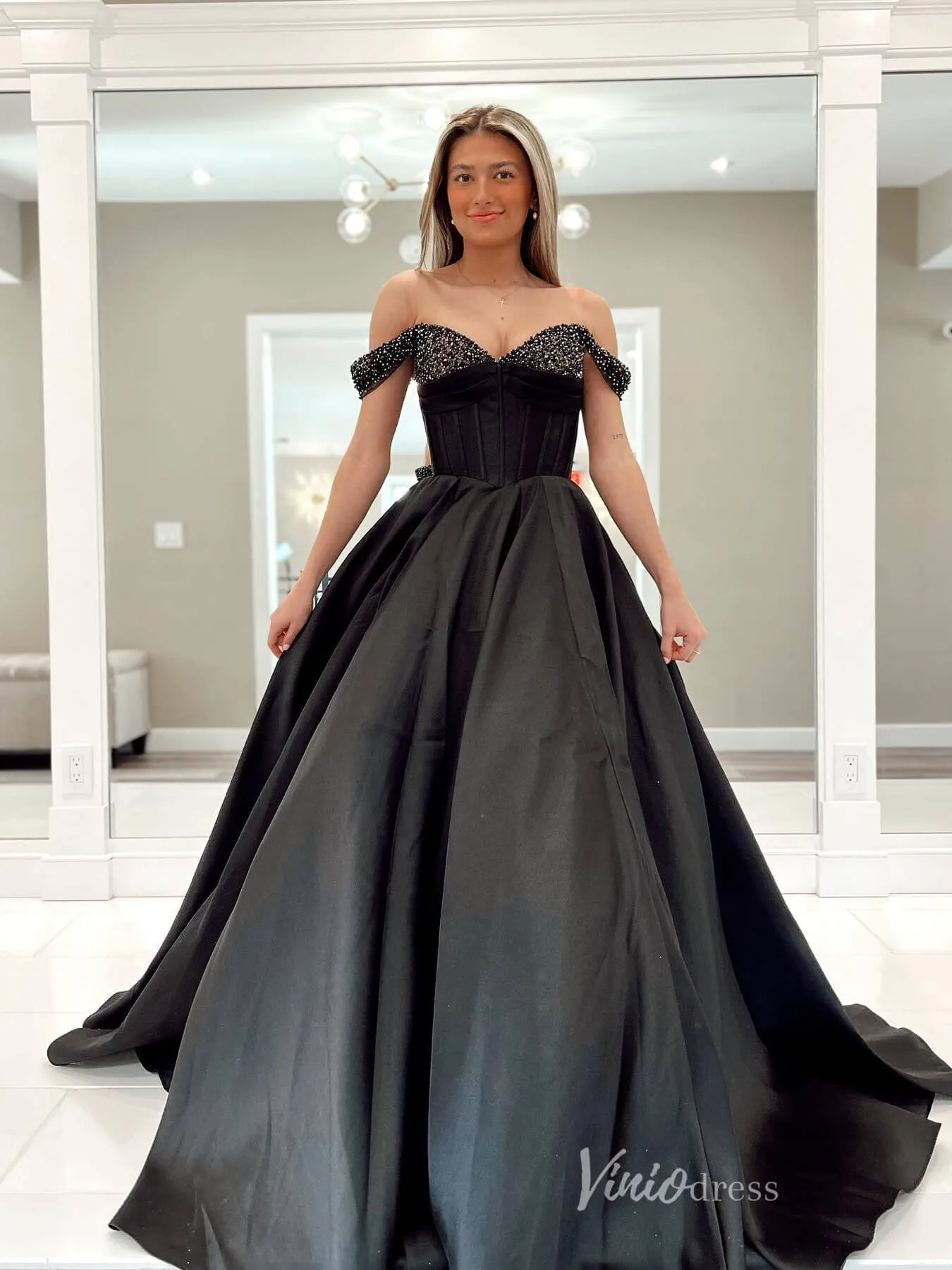 Black Off the Shoulder Satin Prom Dresses Boned Bodice Beaded Neckline  FD3974