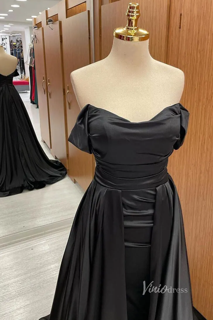 Black Off the Shoulder Satin Prom Dresses Overskirt Cowl Neck FD3982