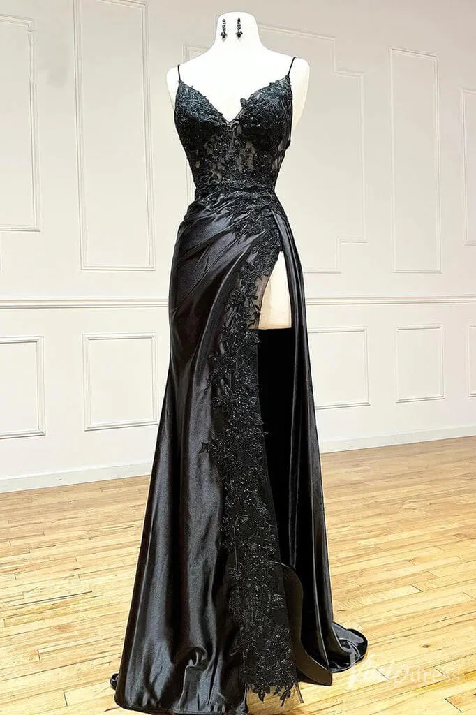 Black Satin Mermaid Cheap Prom Dresses with Slit Lace Applique Spaghetti Strap FD1523