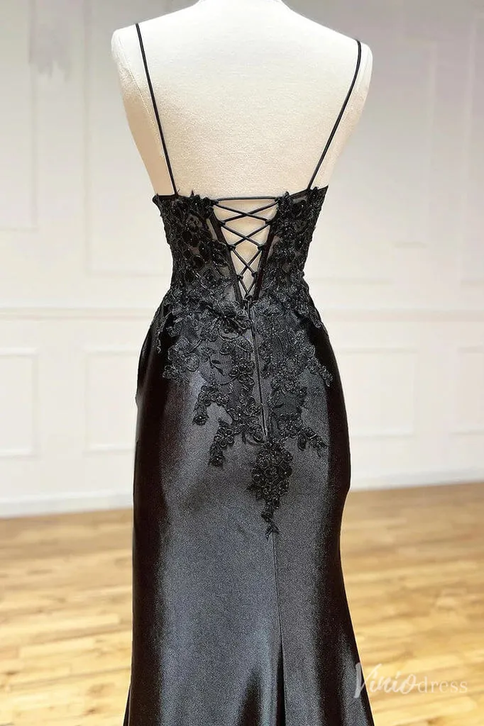 Black Satin Mermaid Cheap Prom Dresses with Slit Lace Applique Spaghetti Strap FD1523