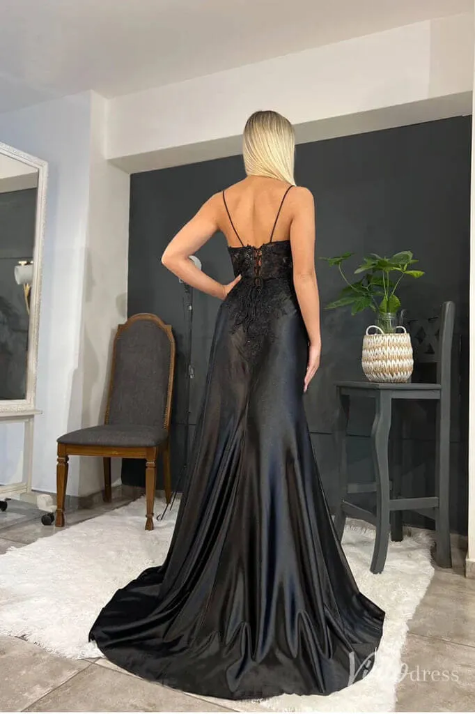 Black Satin Mermaid Cheap Prom Dresses with Slit Lace Applique Spaghetti Strap FD1523