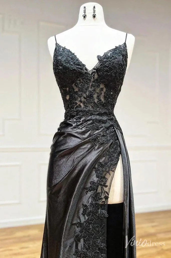 Black Satin Mermaid Cheap Prom Dresses with Slit Lace Applique Spaghetti Strap FD1523