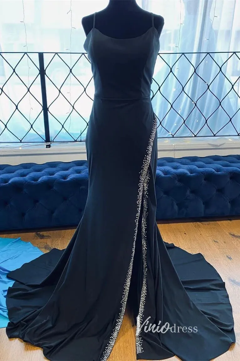 Black Satin Prom Dresses with Slit Mermaid Spaghetti Strap Formal Gown FD3289