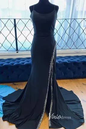 Black Satin Prom Dresses with Slit Mermaid Spaghetti Strap Formal Gown FD3289