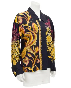 Black Silk Shirt with Gold and Maroon Botanical Print