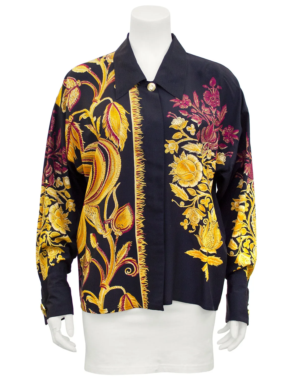 Black Silk Shirt with Gold and Maroon Botanical Print