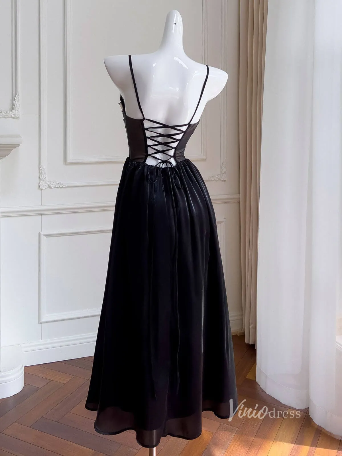 Black Tiered Spaghetti Strap Prom Dresses Boned Bodice Maxi Dress FD4027