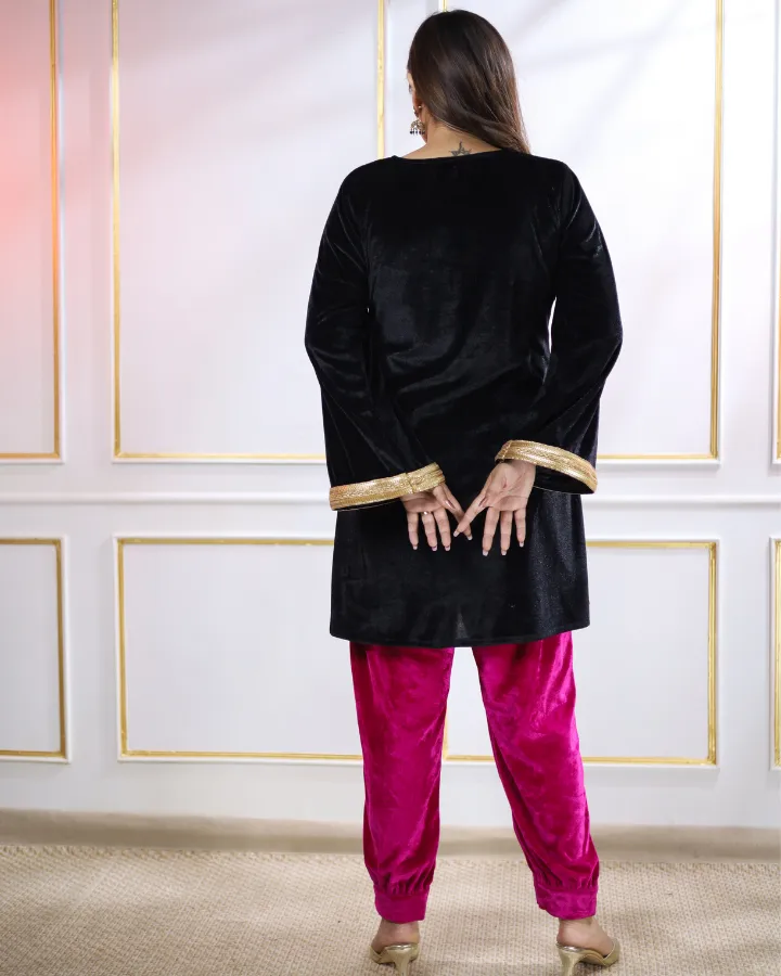 Black Velvet Aline Kurta With Gold Details