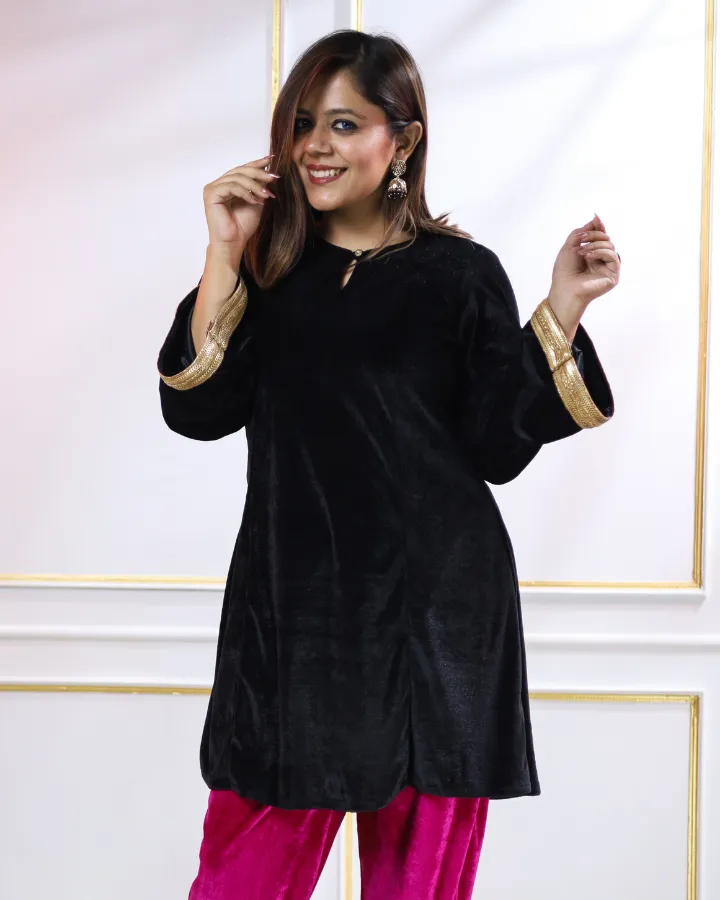 Black Velvet Aline Kurta With Gold Details