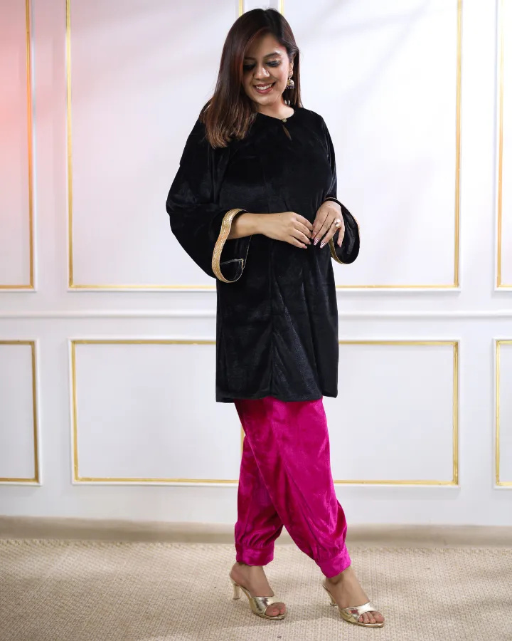 Black Velvet Aline Kurta With Gold Details