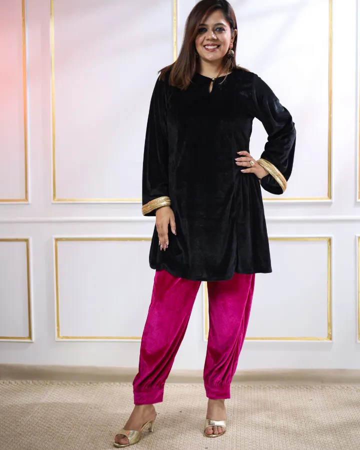 Black Velvet Aline Kurta With Gold Details