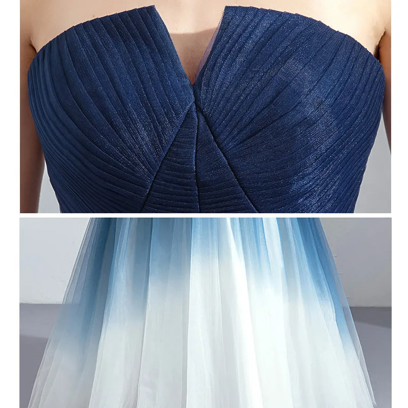 Blue Gradient A Line Skirt Strapless Light Yarn Romantic Evening Dress