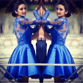 Blue lace long sleeves most popular junior  homecoming dresses for teen , BDY0110