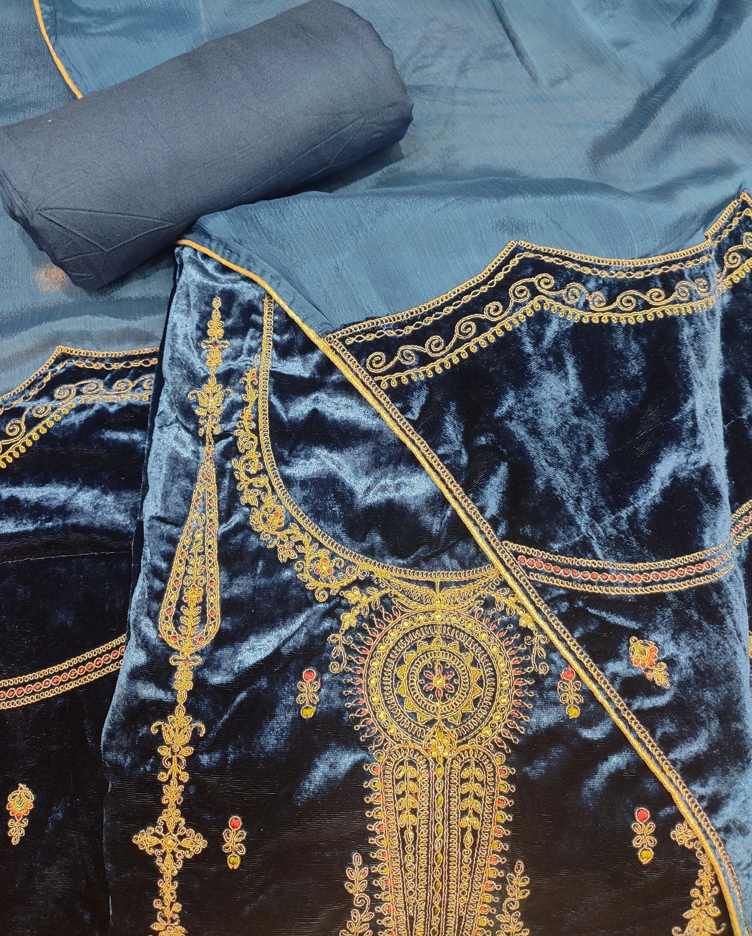 Blue Velvet Unstitched Suit With Golden Embroidery