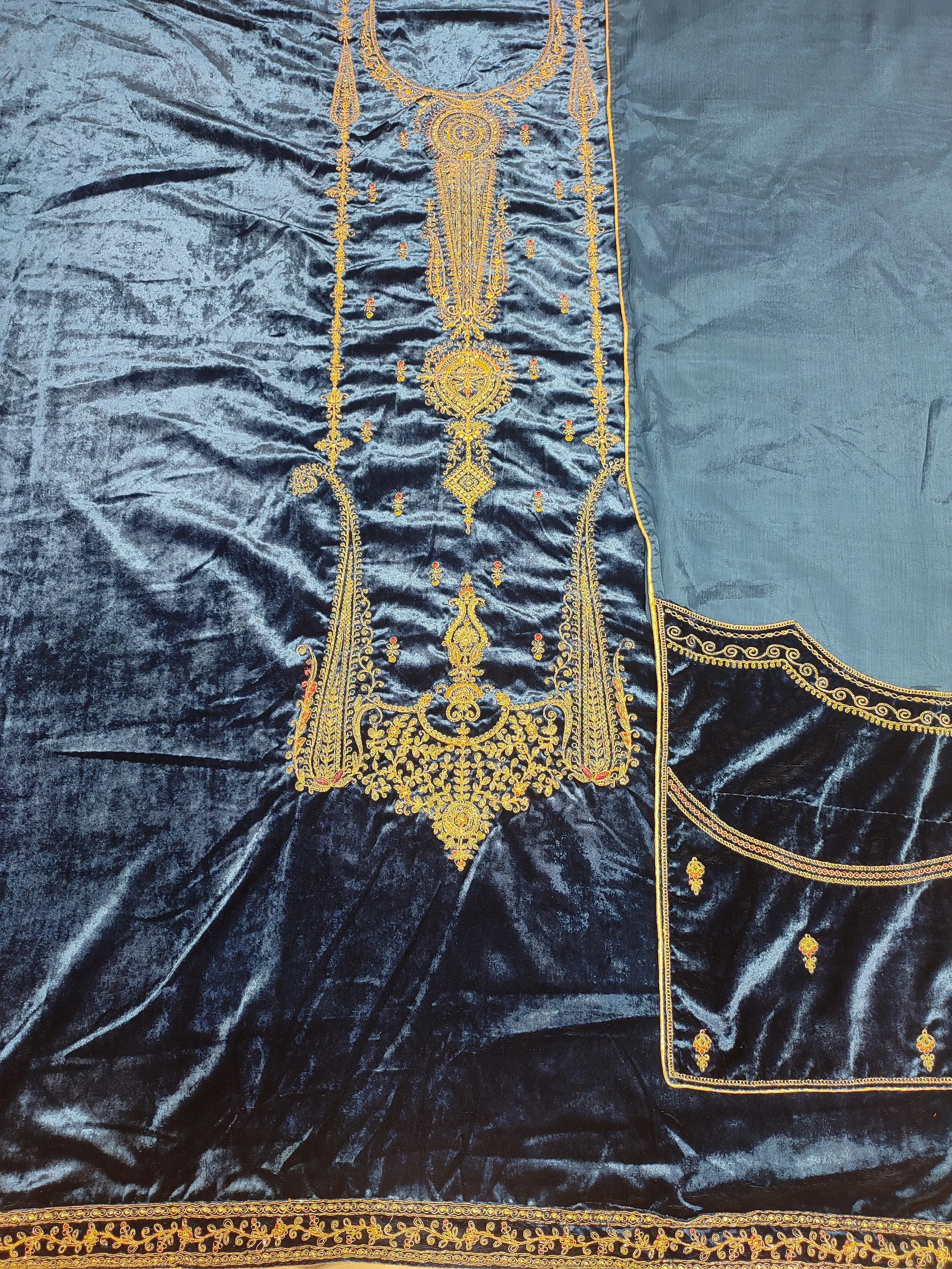 Blue Velvet Unstitched Suit With Golden Embroidery