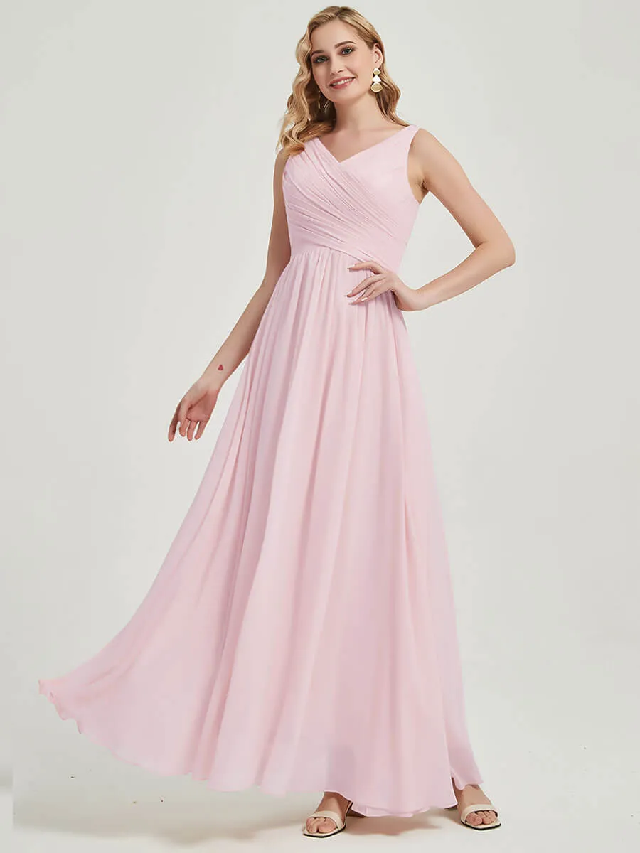 Blush Wide Straps Sleeveless V-Neck Pleated Flowy Bridesmaid Dress