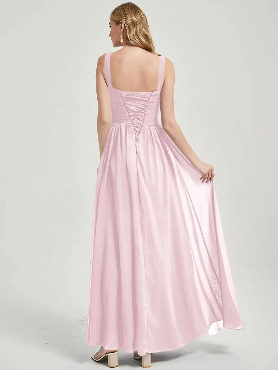 Blush Wide Straps Sleeveless V-Neck Pleated Flowy Bridesmaid Dress