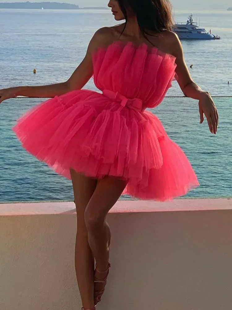 Bow Decor Layered Tulle Cocktail Dress