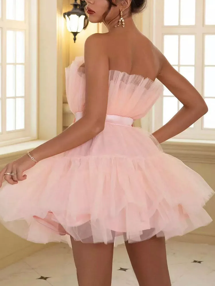 Bow Decor Layered Tulle Cocktail Dress