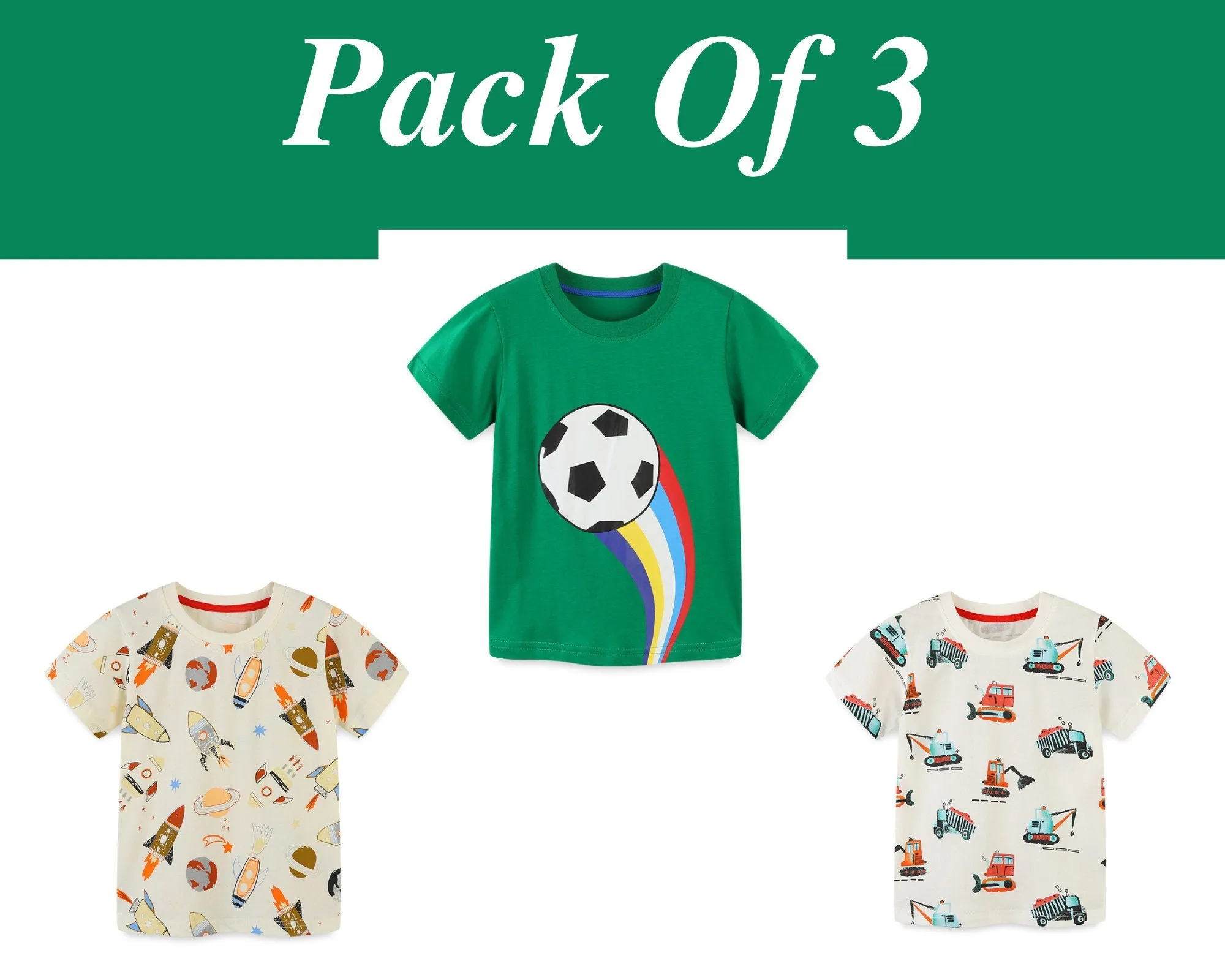 Boys Cotton T-shirts Summer Tees & Tops for Baby Boys Football, Space Rockets  | Toddler Boy Shirt kid Clothing Gift for Boys Pack of 3