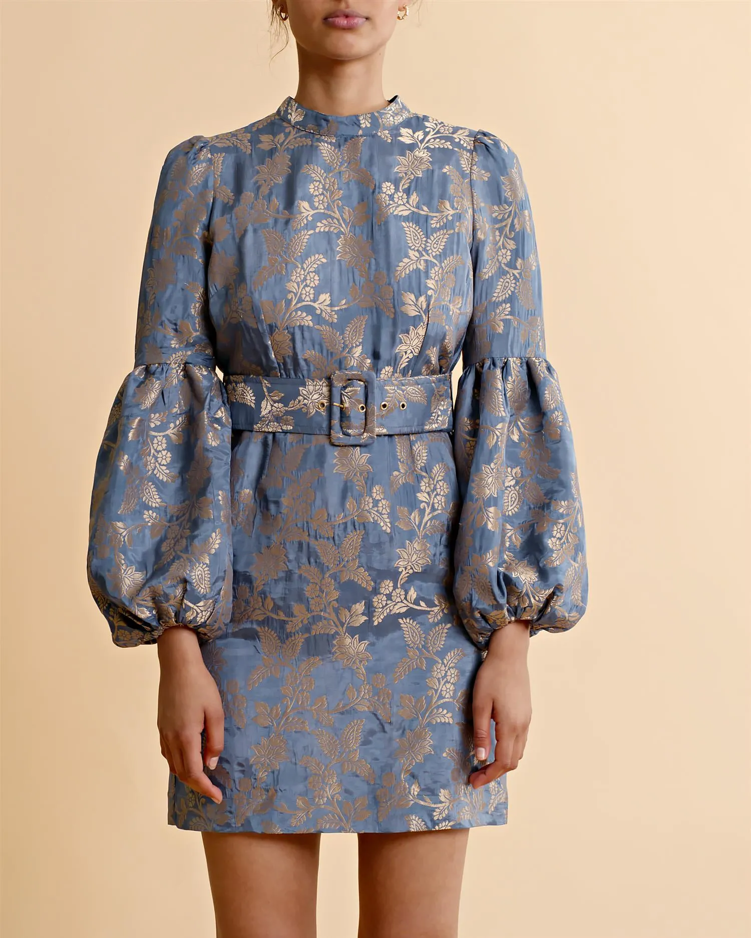 Brocade High Neck Dress French Blue