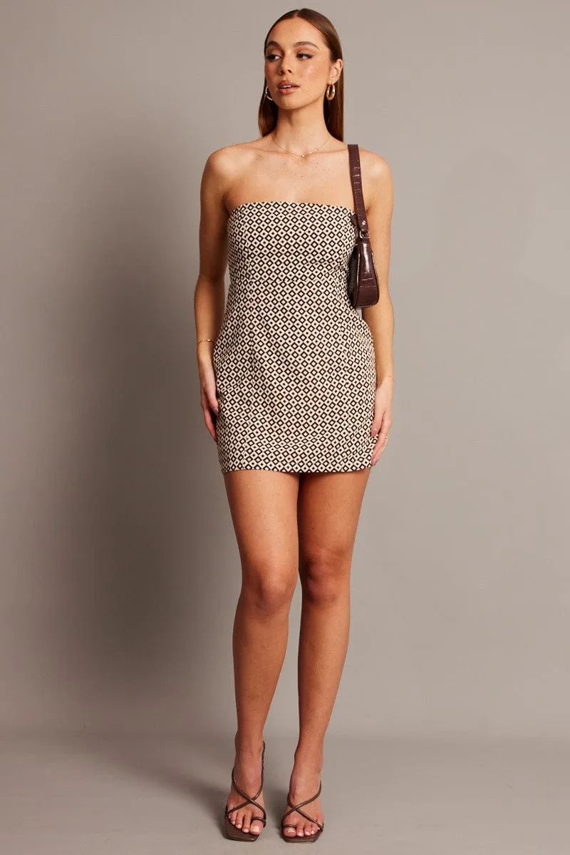 Brown Geo Strapless Mini Dress