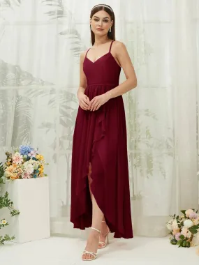 Burgundy Chiffon Slit High Low Sweetheart Straps Pleated Flowy Bridesmaid Dress