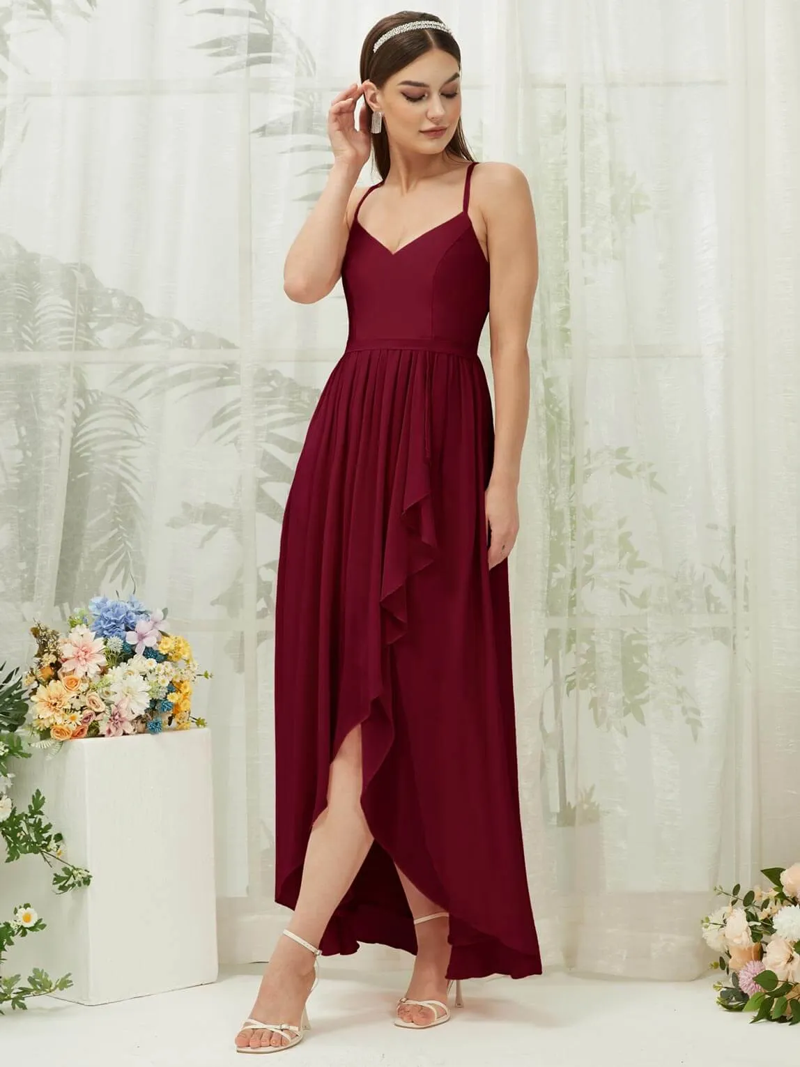 Burgundy Chiffon Slit High Low Sweetheart Straps Pleated Flowy Bridesmaid Dress