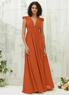 Burnt Orange Cap Sleeves Pleated V-Neck Chiffon Maxi Bridesmaid Dress