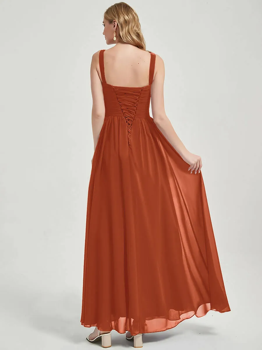 Burnt Orange Wide Straps Sleeveless V-Neck Pleated Bridesmaid Dress