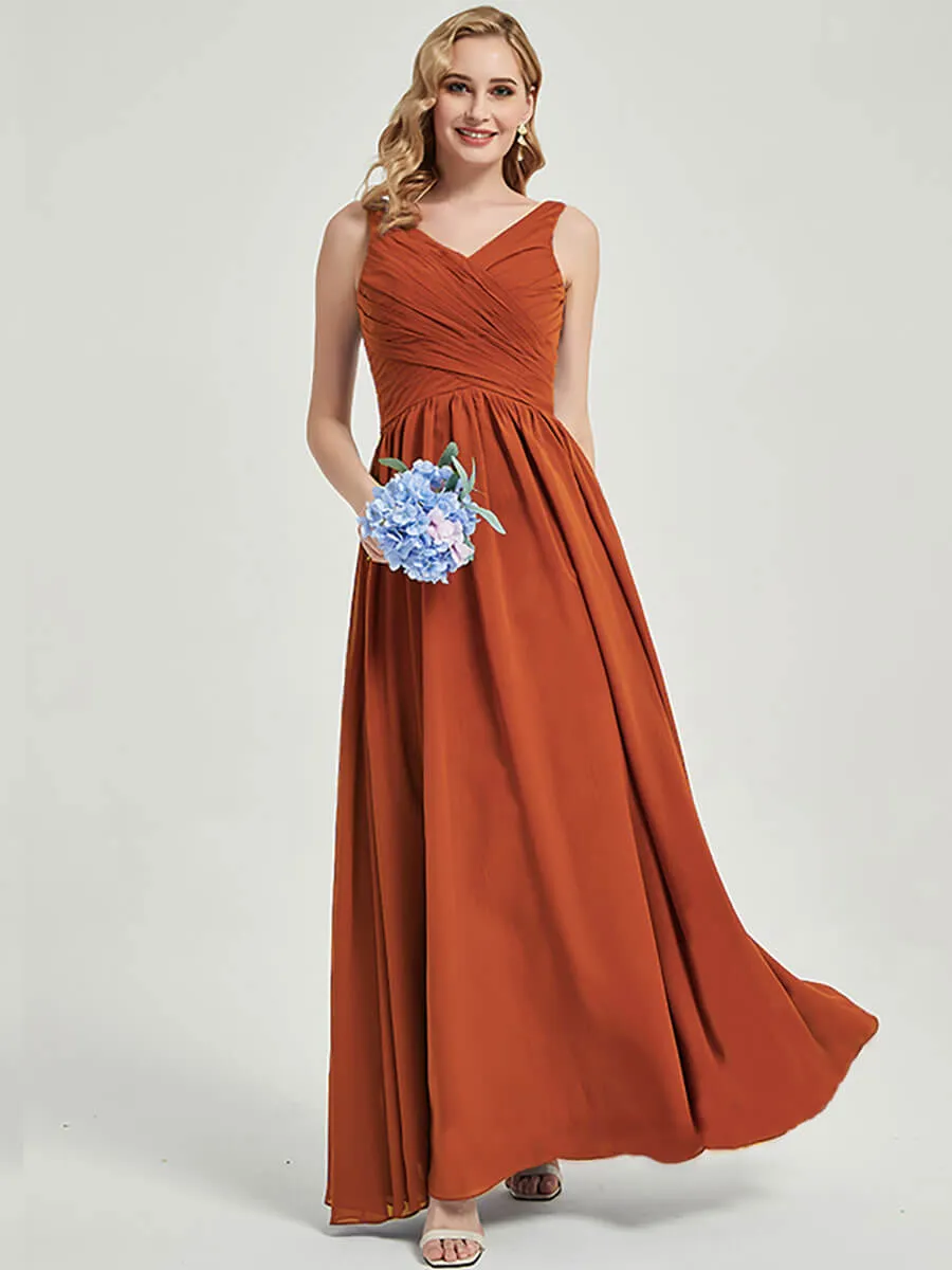 Burnt Orange Wide Straps Sleeveless V-Neck Pleated Bridesmaid Dress