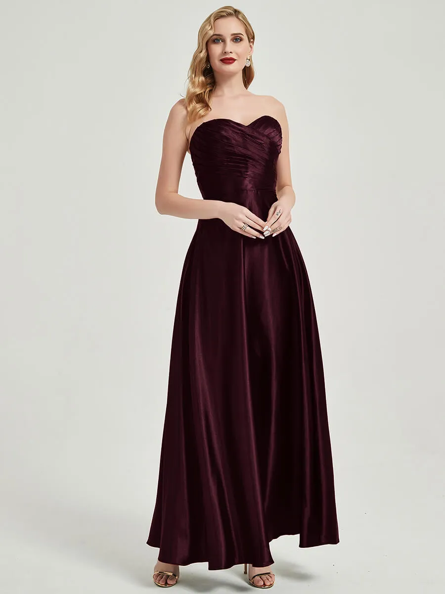 Cabernet Satin Sweetheart Strapless Floor Length Pleated Bridesmaid Dress