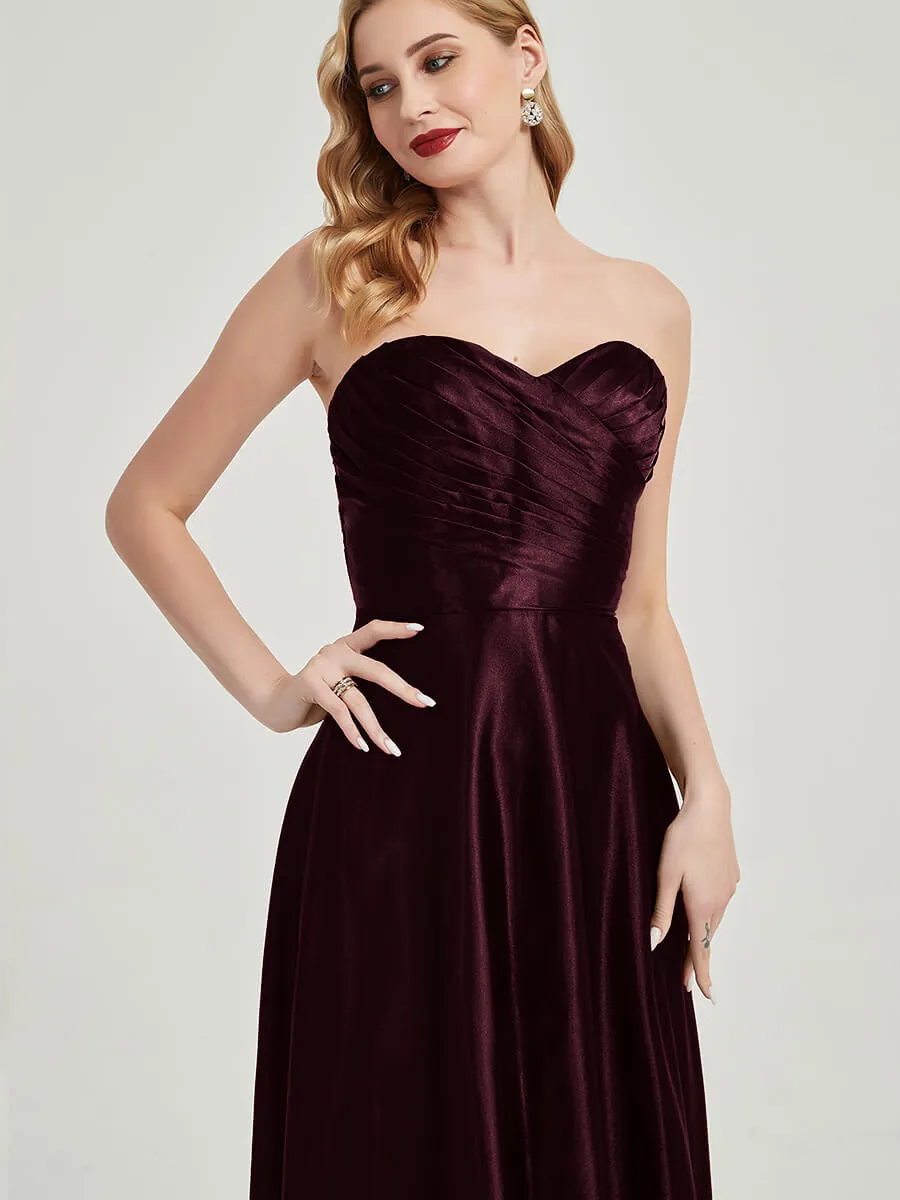 Cabernet Satin Sweetheart Strapless Floor Length Pleated Bridesmaid Dress