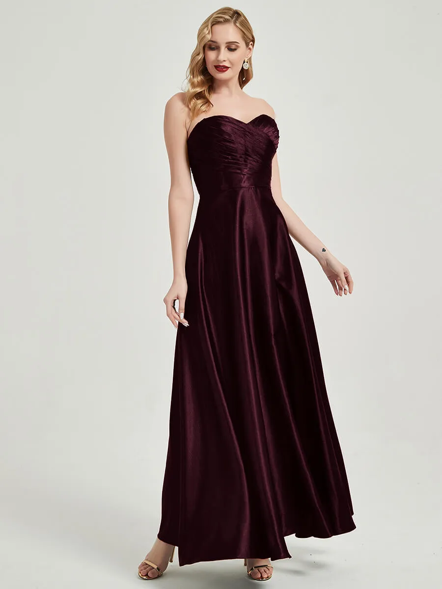 Cabernet Satin Sweetheart Strapless Floor Length Pleated Bridesmaid Dress