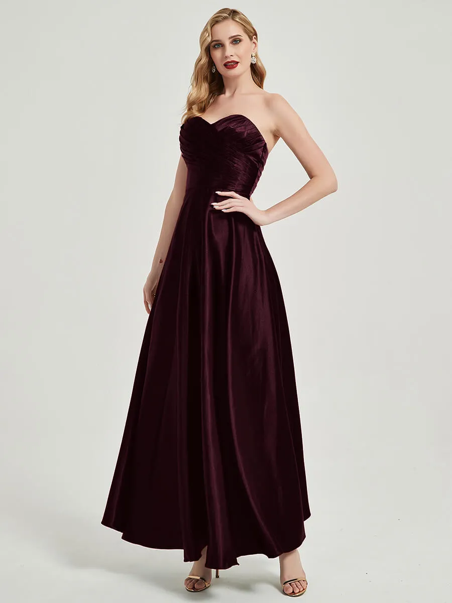 Cabernet Satin Sweetheart Strapless Floor Length Pleated Bridesmaid Dress