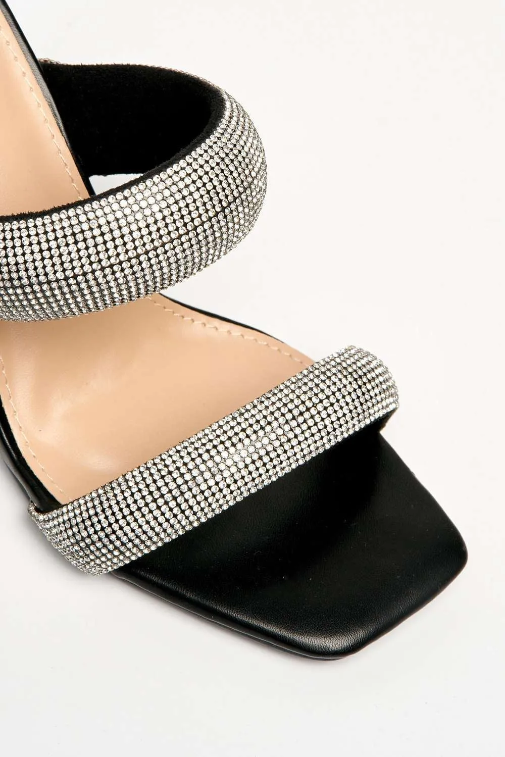 Cait 2 Strap Diamante Band Block Heel Mule in Black